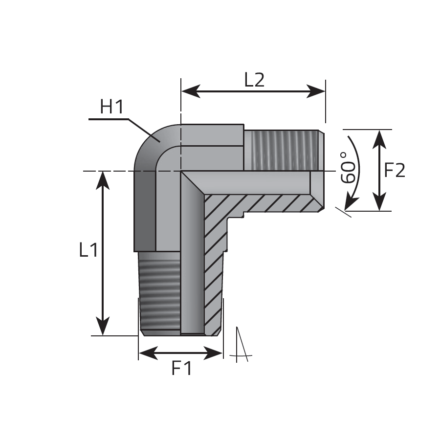 90° ADAPTER MALE BSPP - MALE BSPT -